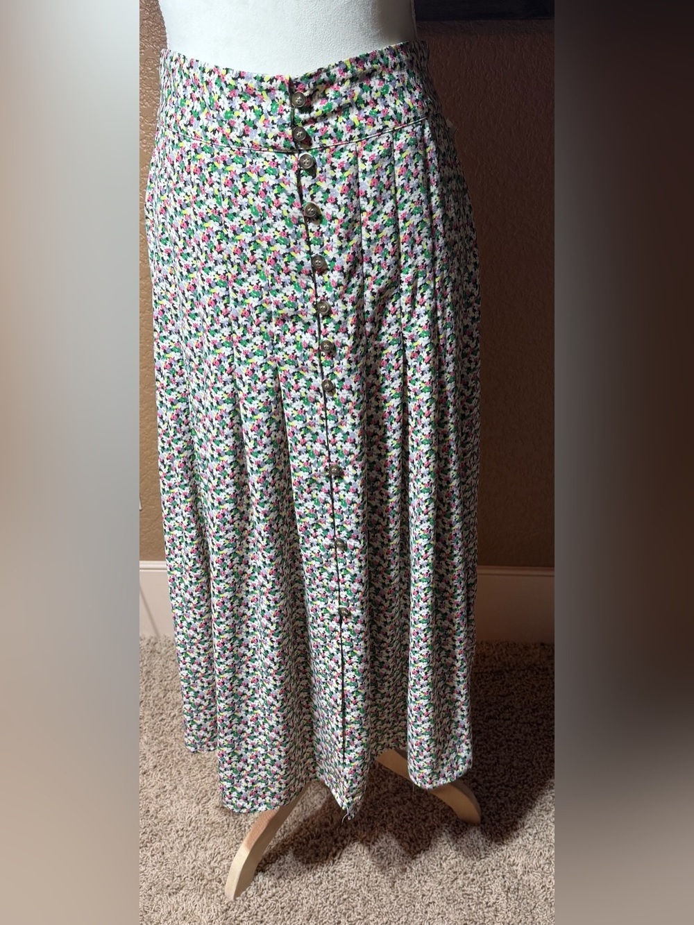 H&M Floral Button-Front Maxi Skirt in White, Pink, Green, and Black